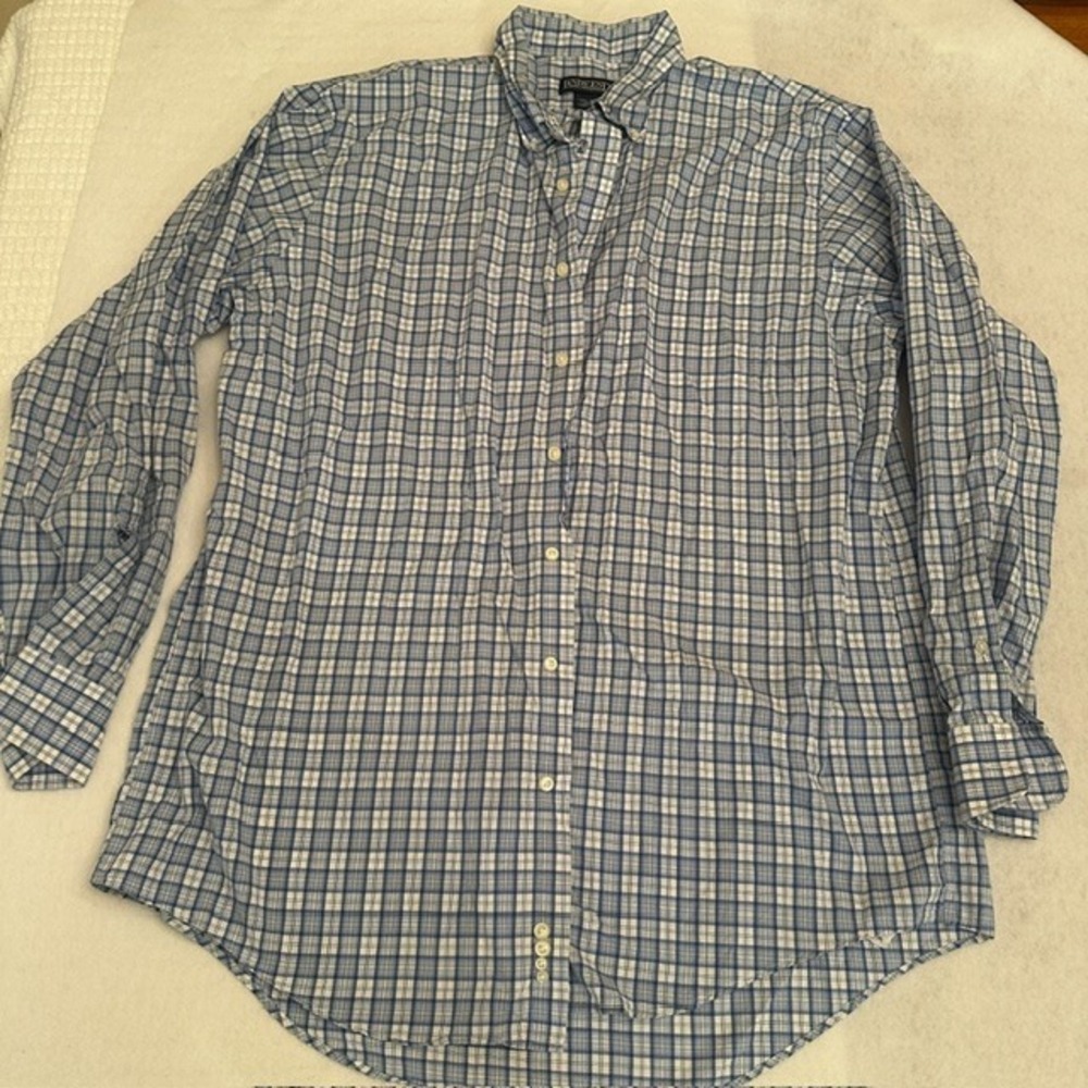 Vintage Lands End Mens Plaid Button Down Shirt Men Blue 17.5 36 Tall Long Sleeve